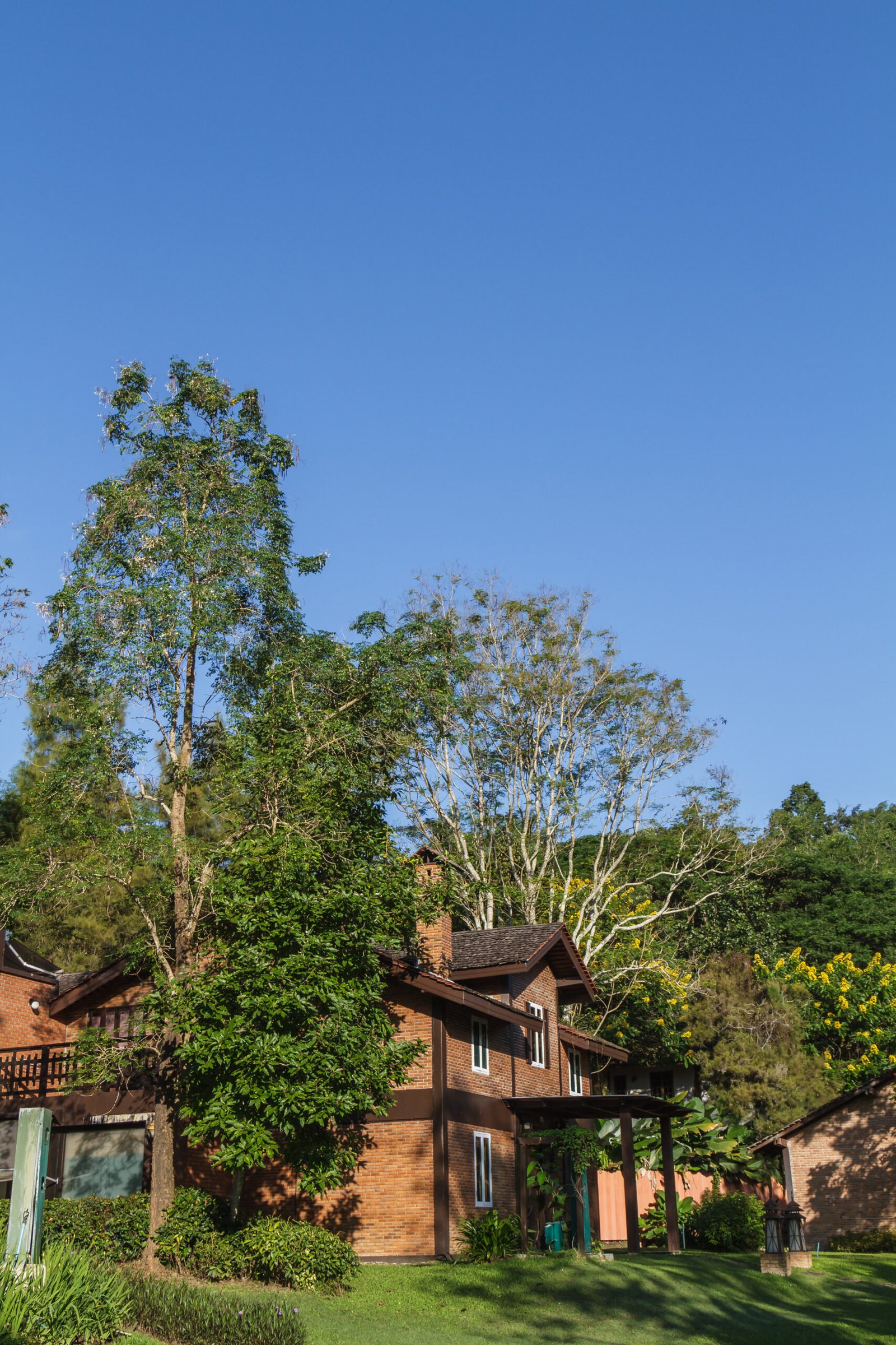 House build brick and wood in countryside.